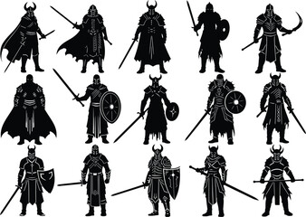 Collection of silhouetted fantasy warriors in armor with weapons