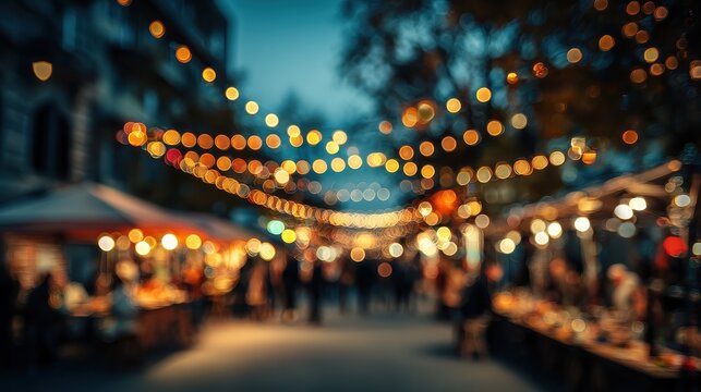 charming blurred evening market scene with colorful bokeh lights and festive atmosphere inviting ambiance for winter holiday celebrations and gatherings