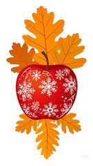 Red apple with snowflakes, autumn leaves