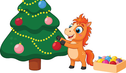 Adorable cartoon horse decorating a festive Christmas tree with colorful ornaments for a joyful holiday celebration and seasonal cheer