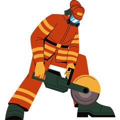 Firefighter In Full Gear Wearing Orange Protective Suit And Helmet Holding Circular Saw Ready For Action Against White Background Detailed Illustration