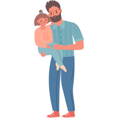 Father Holding Daughter Close Outdoors in Summer Warm Light and Clear Sky Featuring Man with Beard in Blue Shirt and Jeans and Child in Pink Top and Blue Pants with Transparent Background