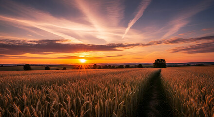 Summer wheat field landscape at sunset with golden light. Scenic rural agricultural scenery.