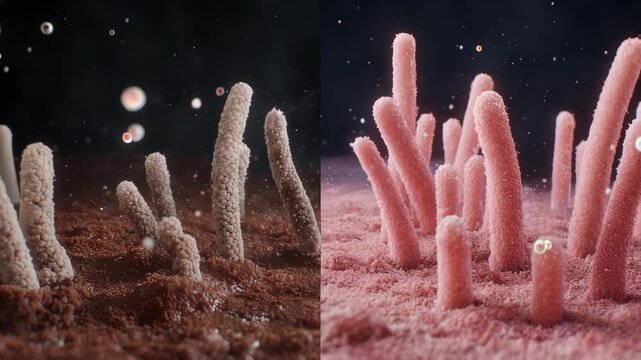 3D slow motion animation comparing damaged, flat intestinal villi (celiac, IBS) to healthy villi absorbing nutrients. Medical and health concept.