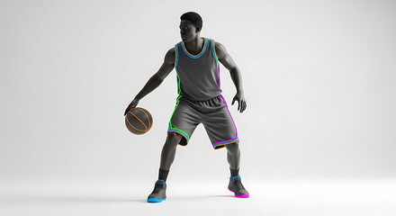 Silhouette of a basketball player dribbling, his athletic form traced with vibrant, colorful abstract lines in a minimalist studio