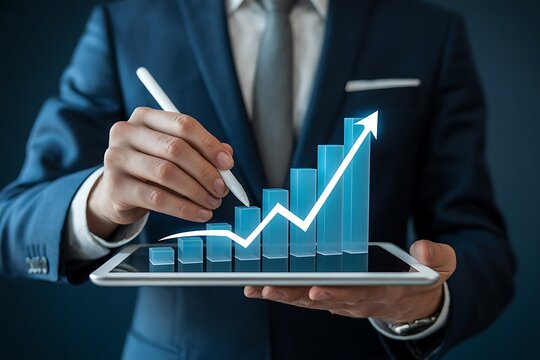 Business man analyzing digital financial charts and growth trends on a tablet, highlighting the role of technology and data analysis in modern market research and business planning strategies.
