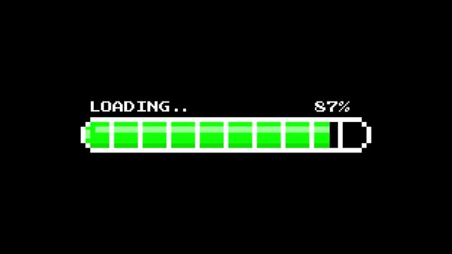 Pixelated green block loading screen animation in bright neon style on black backdrop