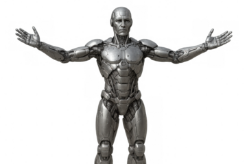 Futuristic cyborg with gleaming metal body and human-like face, portraying ai, robotics, and cybernetic concepts. Transparent background