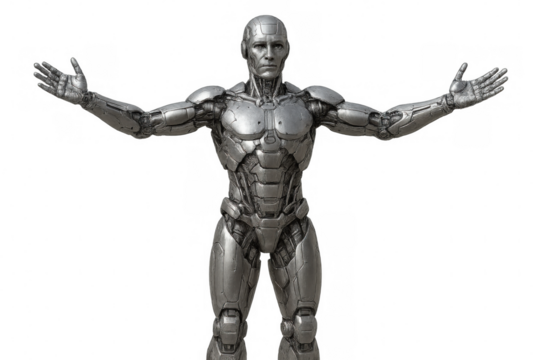 Futuristic cyborg with gleaming metal body and human-like face, portraying ai, robotics, and cybernetic concepts. Transparent background