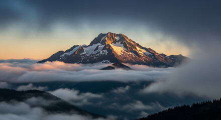 Majestic mountain peak surrounded by clouds. Scenic natural landscape view.