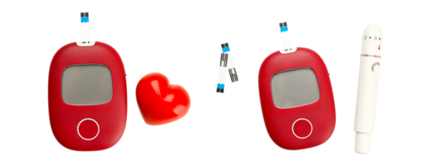 Blood glucose monitor with heart and testing supplies, isolated, PNG