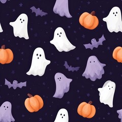Seamless pattern of cute cartoon ghosts, bats, and pumpkins, flat vector illustration, repeating background