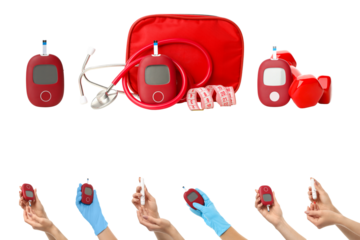 Red diabetes testing devices and supplies arranged neatly, PNG