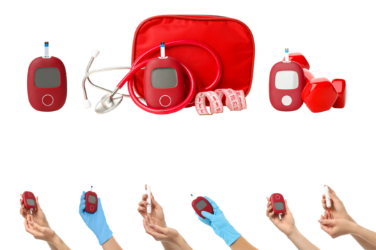 Red diabetes testing devices and supplies arranged neatly, PNG