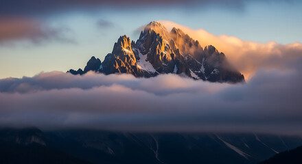 Majestic mountain peak surrounded by clouds. Scenic natural landscape view.
