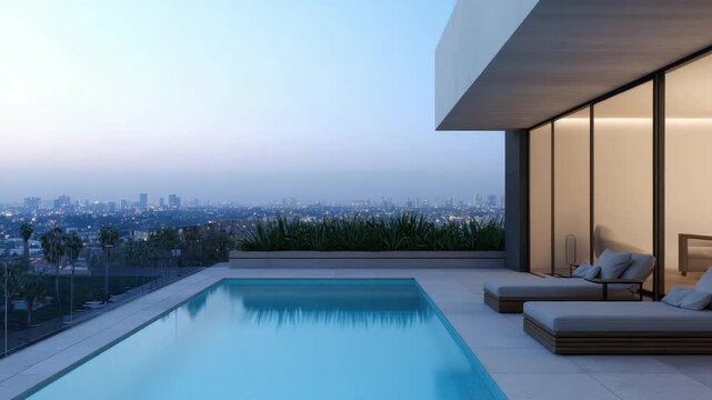 Modern minimalist architectural design of luxury home with pool and skyline view at dusk in urban setting 4k video footage