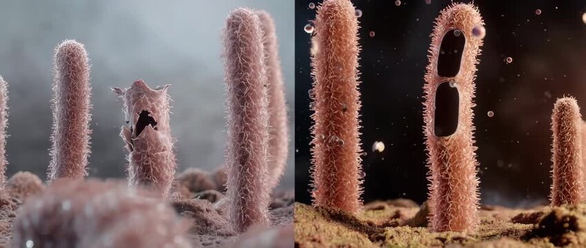 3D slow motion animation comparing damaged, flat intestinal villi (celiac, IBS) to healthy villi absorbing nutrients. Medical and health concept.