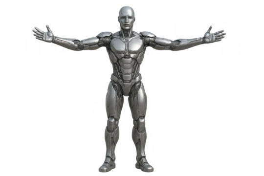Silver futuristic android robot extending arms, representing artificial intelligence and advanced technology