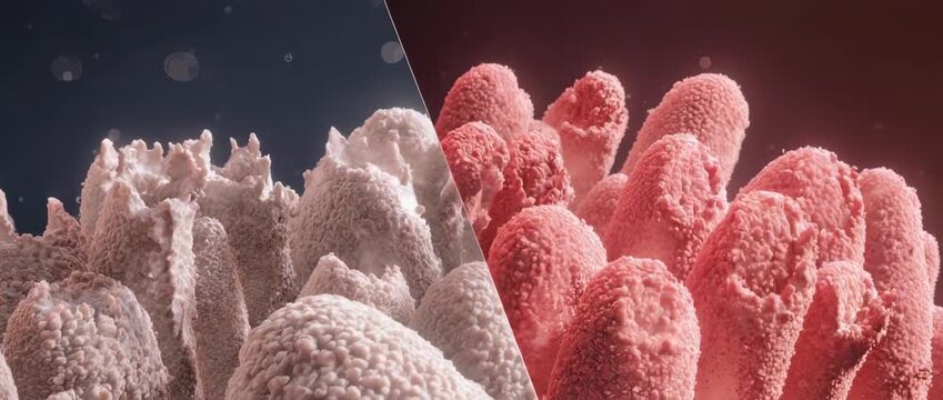 3D slow motion animation comparing damaged, flat intestinal villi (celiac, IBS) to healthy villi absorbing nutrients. Medical and health concept.