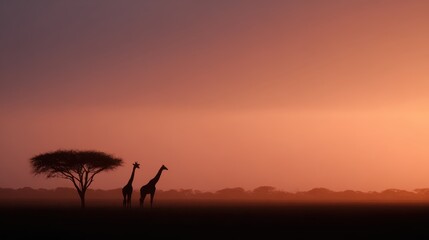 An African savanna sunset, silhouette of an acacia tree and giraffes