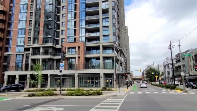 City street corner with modern apartment building