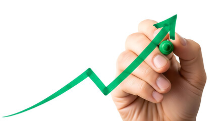 Hand drawing an upward trending green arrow, illustrating growth and progress. The image evokes a sense of business development and goal achievement, isolated on transparent background