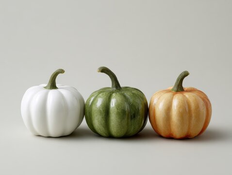 A set of three mini-pumpkins (white, green, orange) in a row, isolated