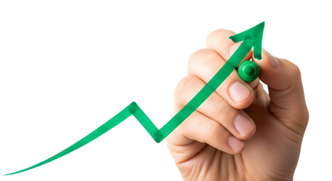 Hand drawing an upward trending green arrow, illustrating growth and progress. The image evokes a sense of business development and goal achievement, isolated on transparent background