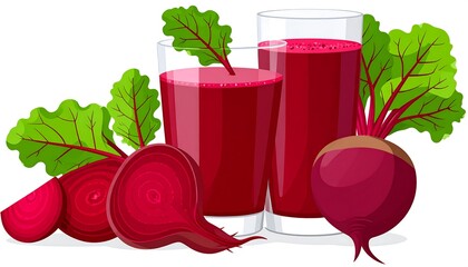 Red beet juice in glasses, with sliced beets