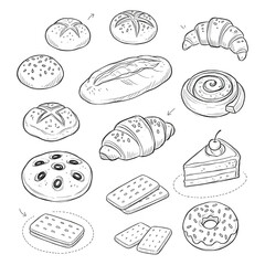 bakery and pastry set. Vector collections of bread, buns, croissant and other types of baked food. Sketch doodle style ink illustration.