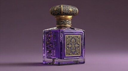 Elegant perfume bottle with gold embellishments displayed on a soft purple background