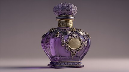 Opulent amethyst perfume bottle with golden filigree decorations on a neutral background.