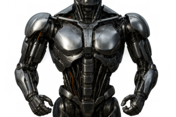 Advanced metallic cyborg torso with detailed mechanical parts, representing artificial intelligence and robotics, transparent background