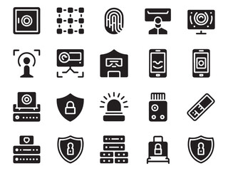 Collection of 20 glyph style security and technology icons for digital projects