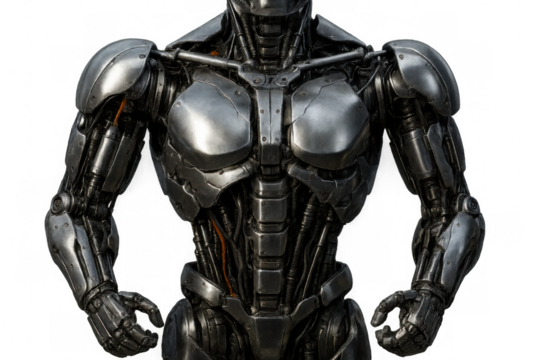 Advanced metallic cyborg torso with detailed mechanical parts, representing artificial intelligence and robotics, transparent background - Powered by Adobe