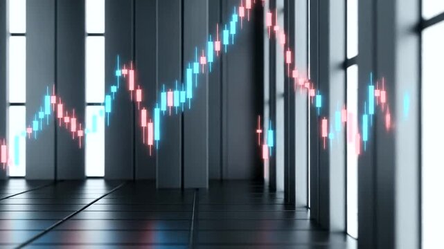 Abstract financial chart with dynamic candlestick patterns in modern office