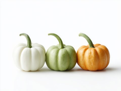 A set of three mini-pumpkins (white, green, orange) in a row, isolated
