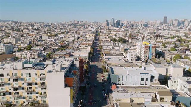 San Francisco - Mid Aerial View of Mission St with Mission Theater Sign on Sunny Day