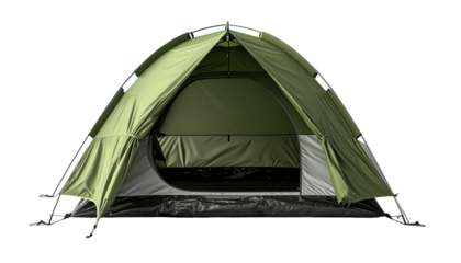 Opened, green camping tent against black
