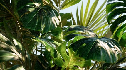Lush Tropical Foliage Featuring Monstera Leaves and Other Exotic Plants