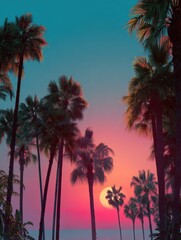 dreamy southern california tropical palm trees in the beach and sunset in retro vintage style background