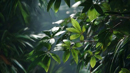 Lush Jungle Canopy with Sunlit Leaves and Mysterious Ambient Atmosphere