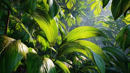 Sunlit tropical foliage with vibrant green leaves creating dense jungle landscape.