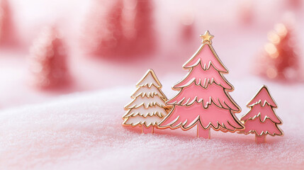 Christmas tree in snow on pink background. Merry Christmas and Happy New Year Bacground, copy space