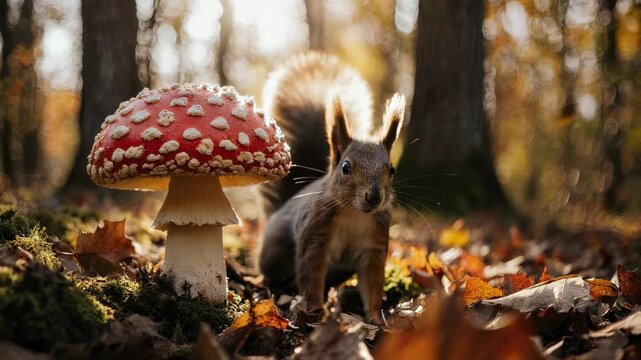 Squirrel's Autumn Adventure Discovering a Red-Capped Mushroom in the Forest's Embrace