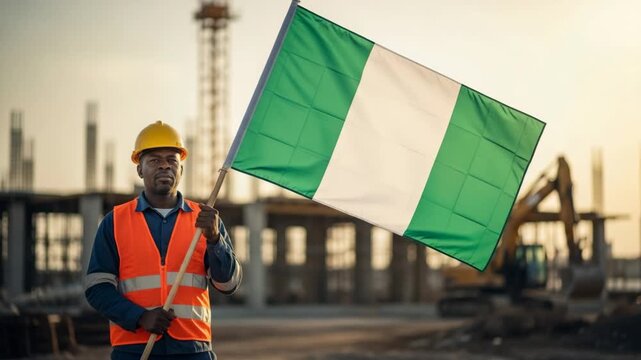 Proud Black Nigerian construction worker in a hard hat and safety vest holding the national flag at a building site, symbolizing labor, development, and national pride.