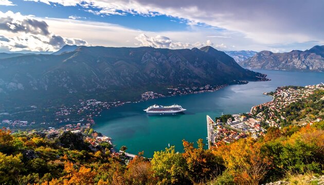 Panoramic view of a fjord with cruise ship, autumn colors, and mountains
