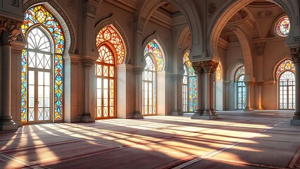 Obraz premium Beautiful mosque interior with colorful stained glass windows, sunlight casting vibrant patterns on the carpet floor, and intricate Islamic architectural design