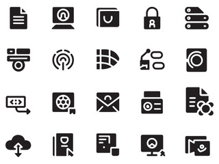 Collection of 20 glyph style icons for technology and business applications