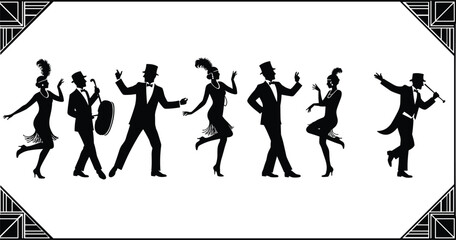 Black silhouettes of 1920s flapper dancers and musicians in a line art deco